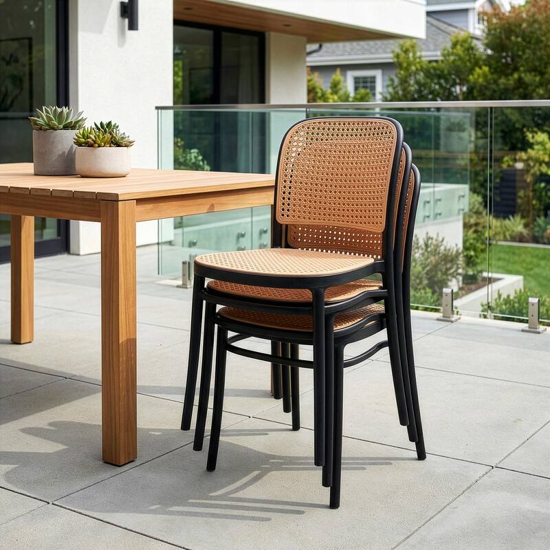 Set of 2 Balto Black Plastic Dining Chair with Rattan Detail