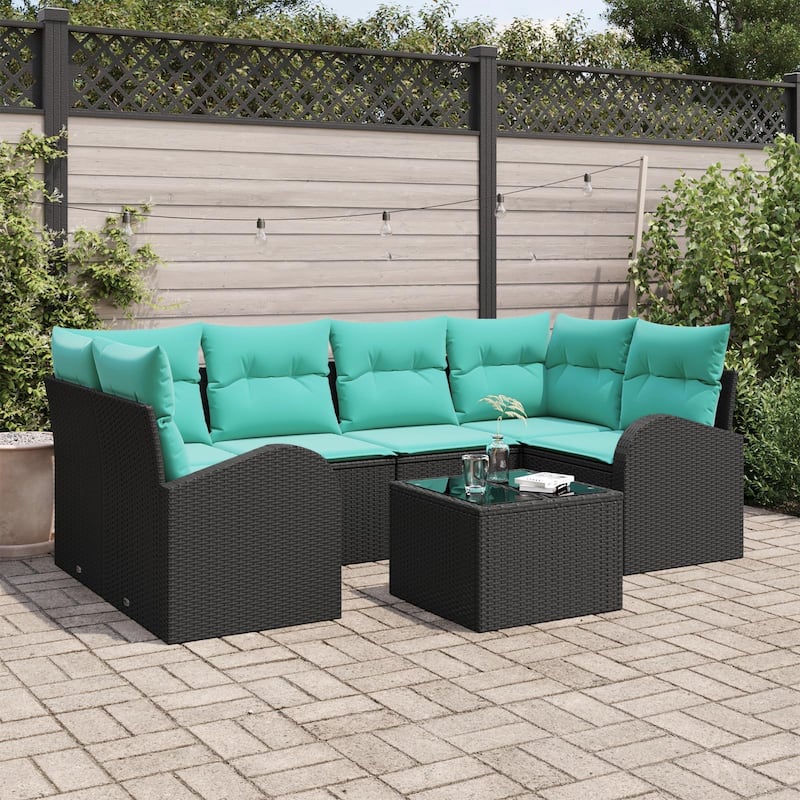 vidaXL 7 Garden Sofa Set with Cushions Black/Brown/Grey Poly Rattan - 92.1 x 48.8 x 27.2 - Black