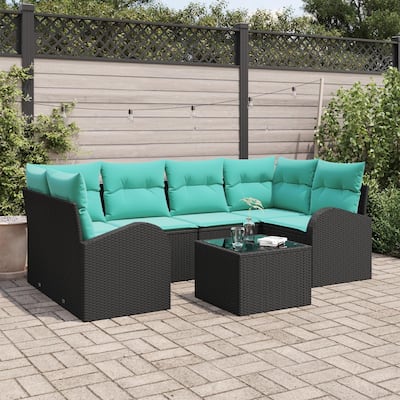vidaXL 7 Garden Sofa Set with Cushions Black Poly Rattan - 92.1 x 48.8 x 27.2