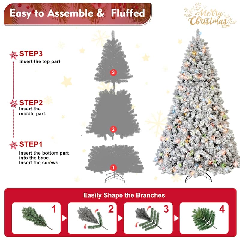 Pre-Lit Flocked Christmas Tree - Colorful UL Lights, Pine Cones, Snowy PVC Tips, Hinged Branches, Metal Stand - Green,White