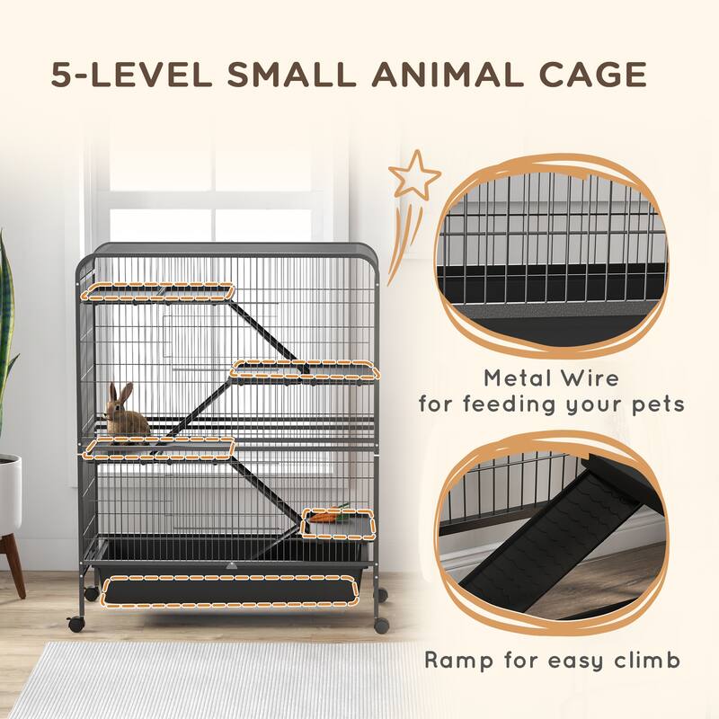 Charcoal Grey Small Animal Cage with Steel Frame, 5 Tiers and Ramps - 41" L x 20.75" W x 53.5" H
