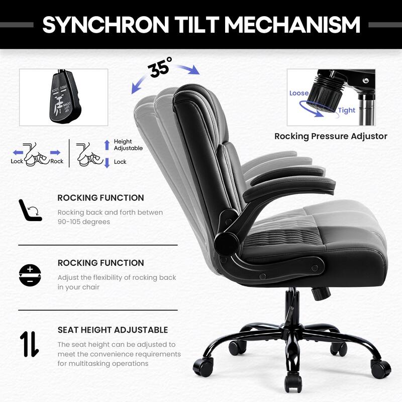 BOSSIN Office Chair, Ergonomic High-Back PU Leather Desk Chair with Adjustable Armrests & 360-Swivel for Petite Users, Black