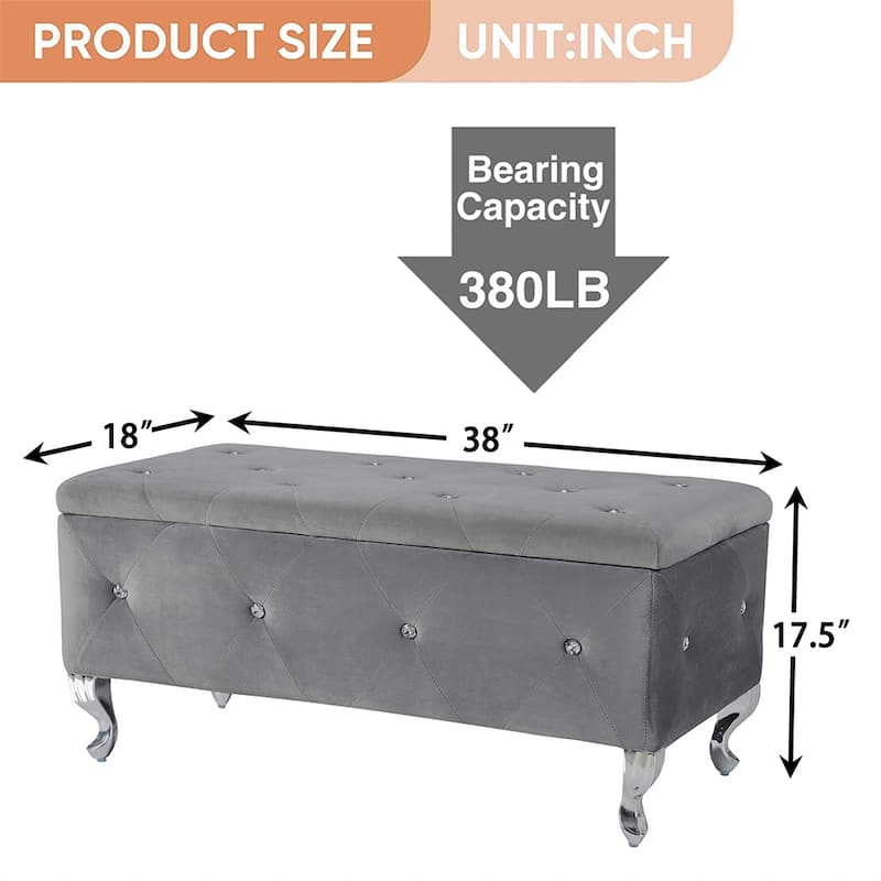 Luxury Storage Ottoman Bench, Velvet Upholstered Ottoman, Grey