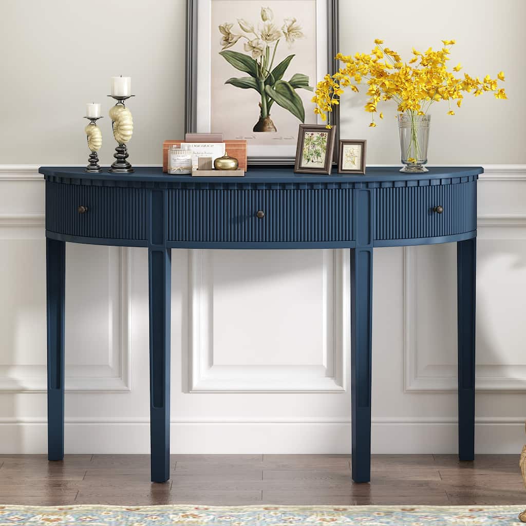 Console Table Navy Blue Side Table with 4 Legs, Minimalist Entryway Table Sofa Table with 3 Vertical Stripe Drawers
