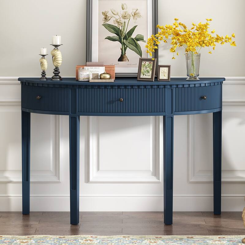 Console Table Navy Blue Side Table with 4 Legs, Minimalist Entryway Table Sofa Table with 3 Vertical Stripe Drawers - Navy Blue