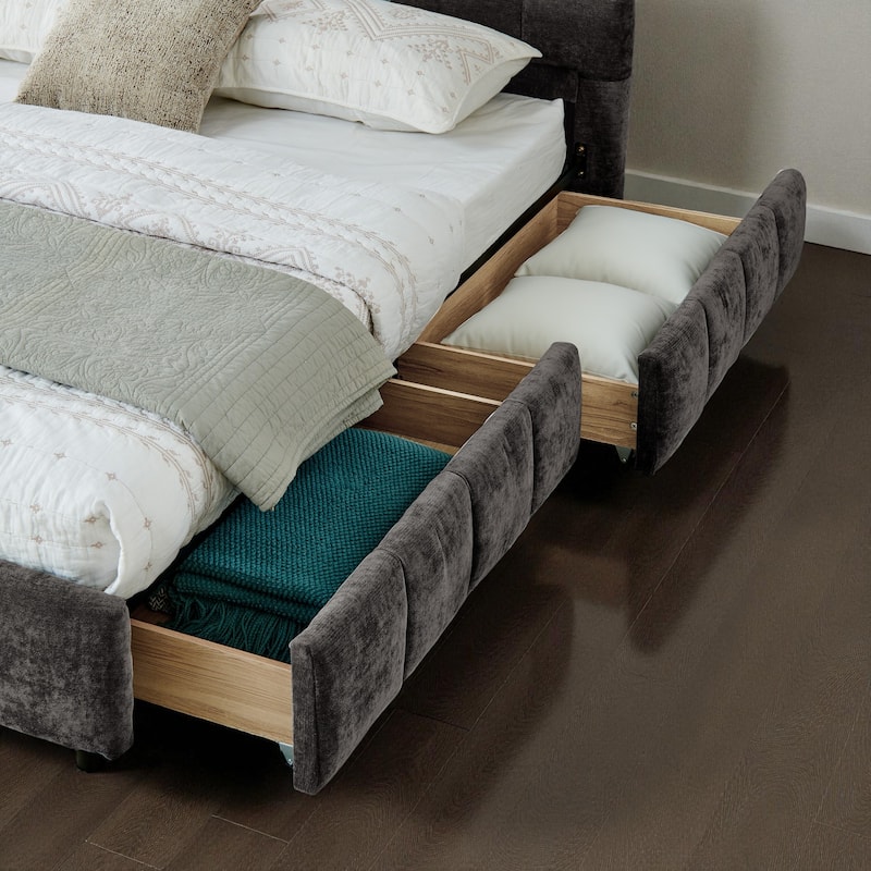 California King Upholstered Bed Frame with Chenille Fabric Headboard and Underbed Storage Drawers Modern Platform Bed