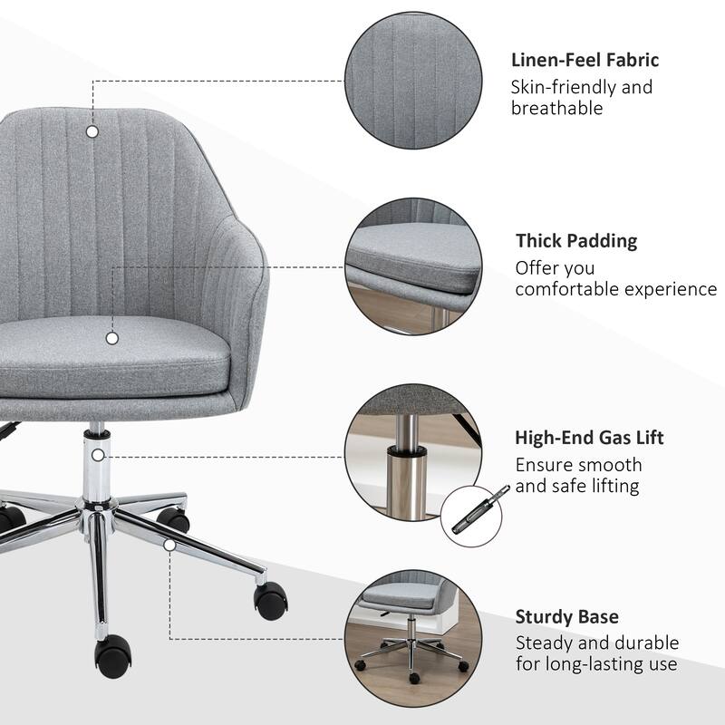 Fabric Home Office Chair with Wheels, 360° Swivel Upholstered Makeup Chair, Rolling Task Chair with Height Adjustable - N/A