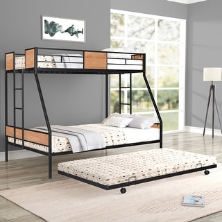 Metal Bunk Bed Twin over Full Size with Trundle for 3, Heavy-duty Metal Bedframe with Guard Rails,Triple Metal Bunk Bed Frame