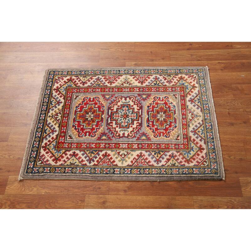 Geometric Kazak Oriental Foyer Rug Handmade Grey Wool Carpet - 2'0"x 3'0"