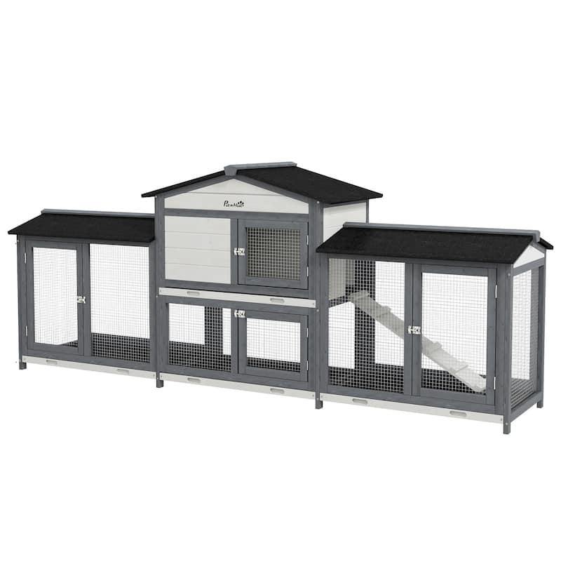 PawHut 90.5" Wooden Hutch Bunny Cage with Double Side Run Boxes Gray