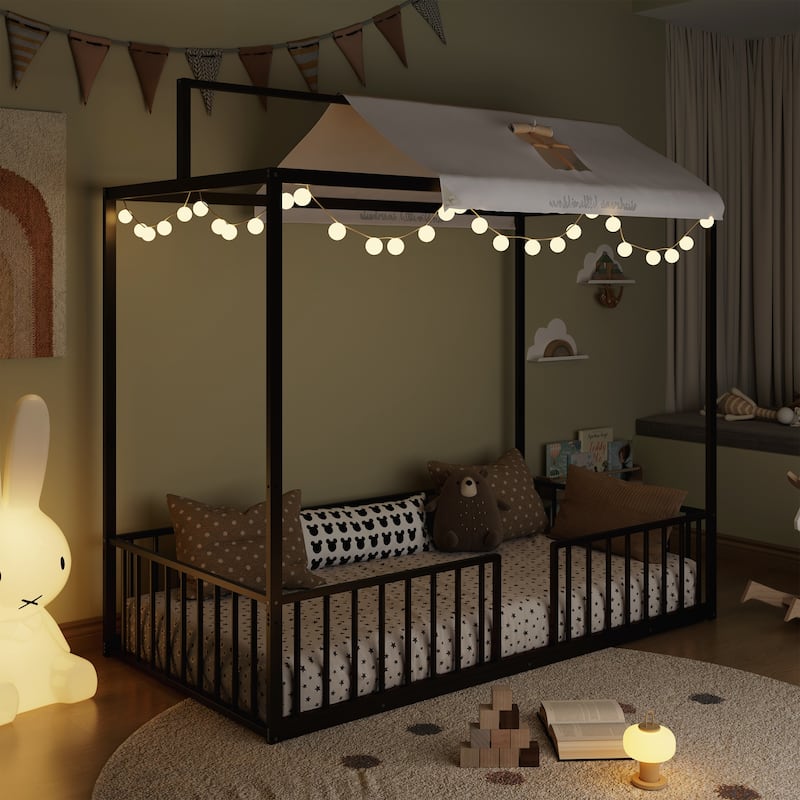 3-in-1 Convertible Montessori Metal floor bed,Fenced toddler bed with Sturdy Metal Slats Support