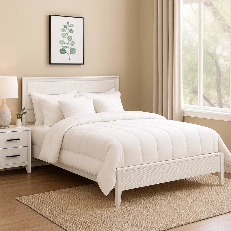 Tory King Size Bed, Wave Texture and Mitered Corners, Modern White