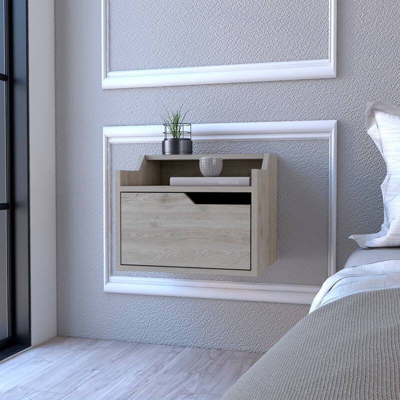 Floating Nightstand with Spacious Drawer and Dual-Tier Surface, Light Gray