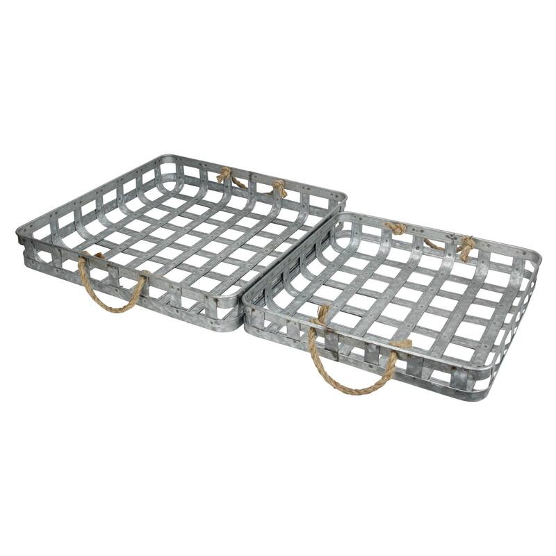 Set Of Two 17" Gray Rectangular Metal Handmade Trays With Rope Handles