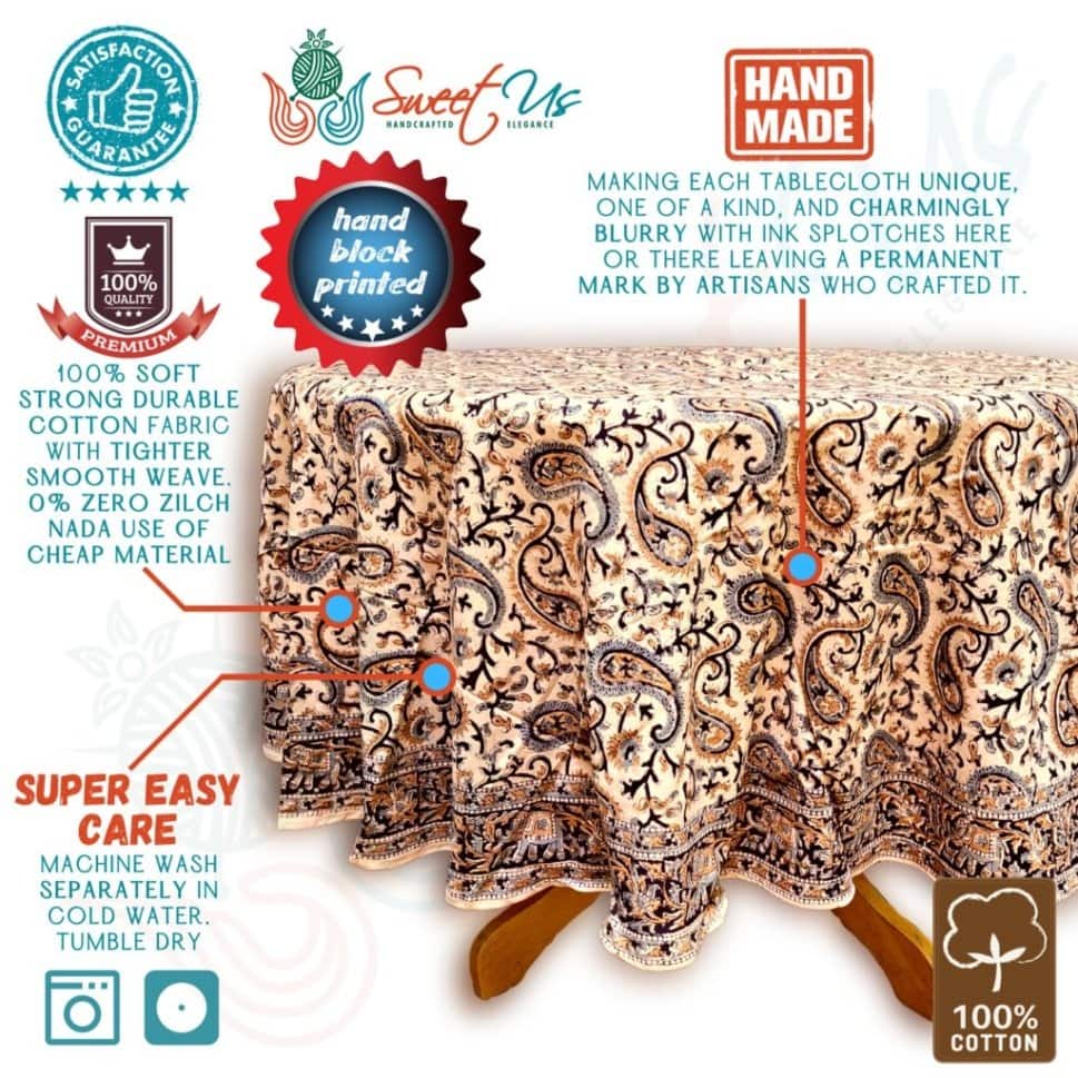 Block Print Tablecloth Round, Floral Paisley Elephants, Beige - Paisley Elephant, Black Gold Grey