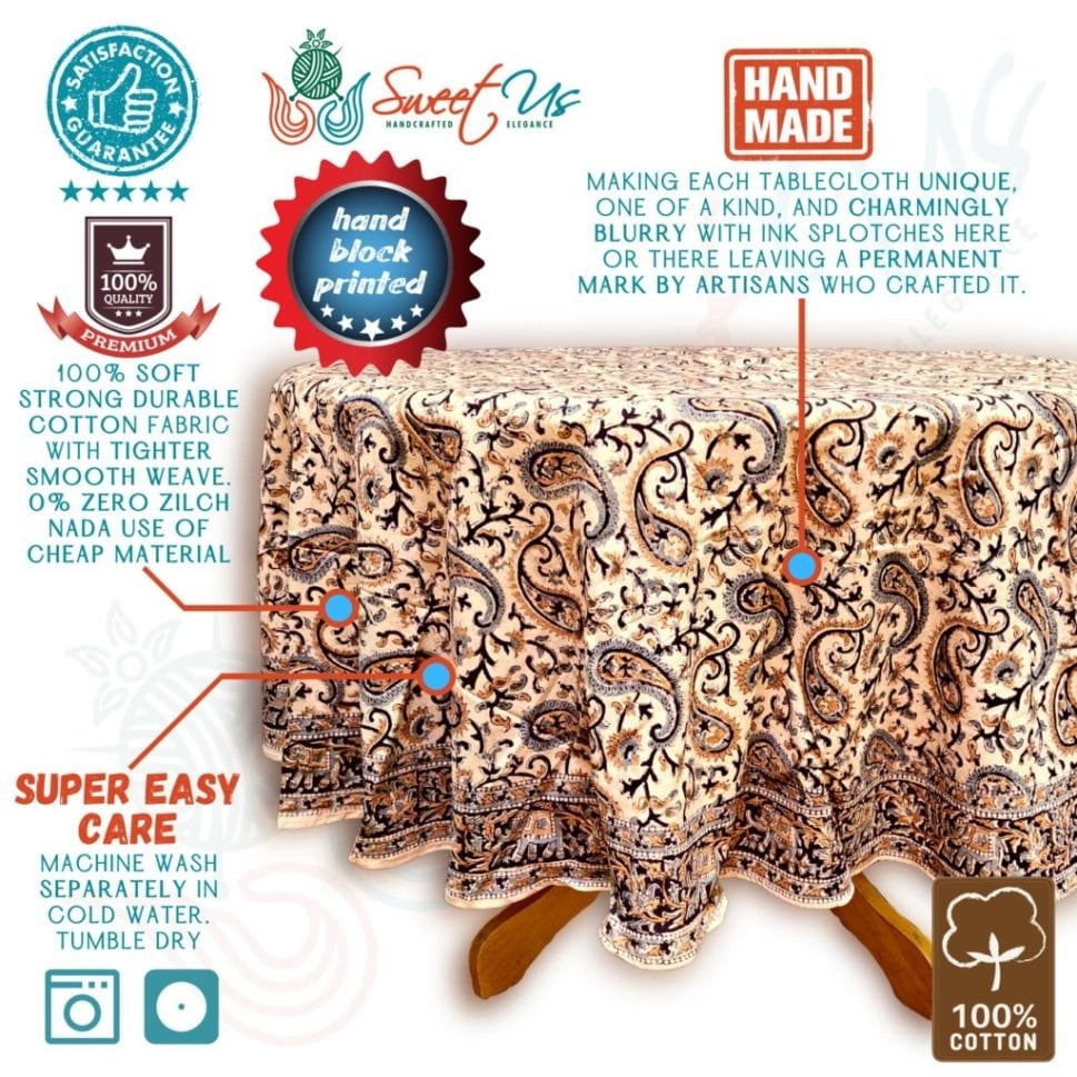 Block Print Tablecloth Round, Floral Paisley Elephants, Beige - Paisley Elephant, Black Gold Grey