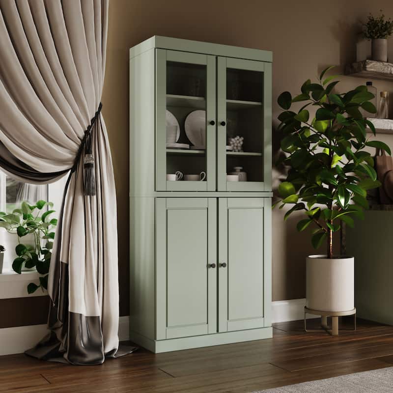 Palace Imports 100% Solid Wood Pantry Cabinet, Raised Panel & Clear Glass Doors, Adjustable Shelves, 32" Wide, 71.5" Tall - Sage