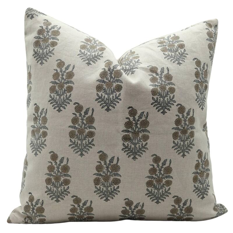 Fabdivine 12x20 Handmade Pure Linen Cushion Cover Floral Mustard Ideal for Sofa, Floral Block Print, Accent Décor, Bagru Buti - Pillow Covers - Hjara- Brown, Grey - 14" x 14"