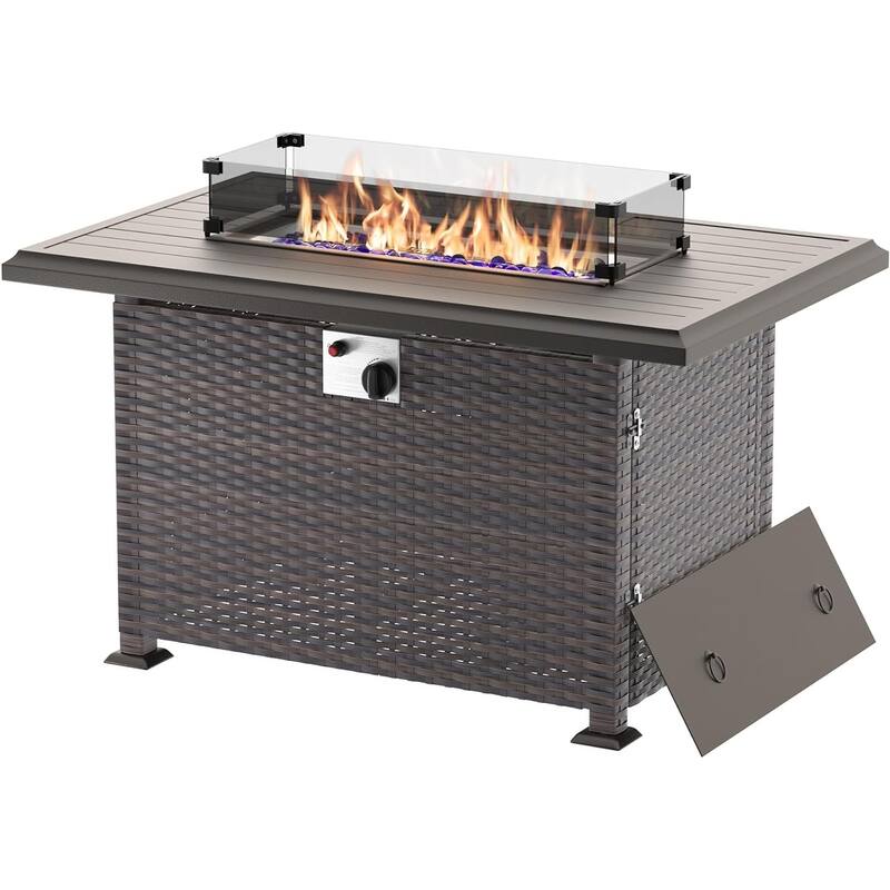 Kullavik 43" Outdoor Propane Fire Pit with Glass Wind Guard,Slide Out Tank Holder,Lid,Waterproof Table Cover - Grey
