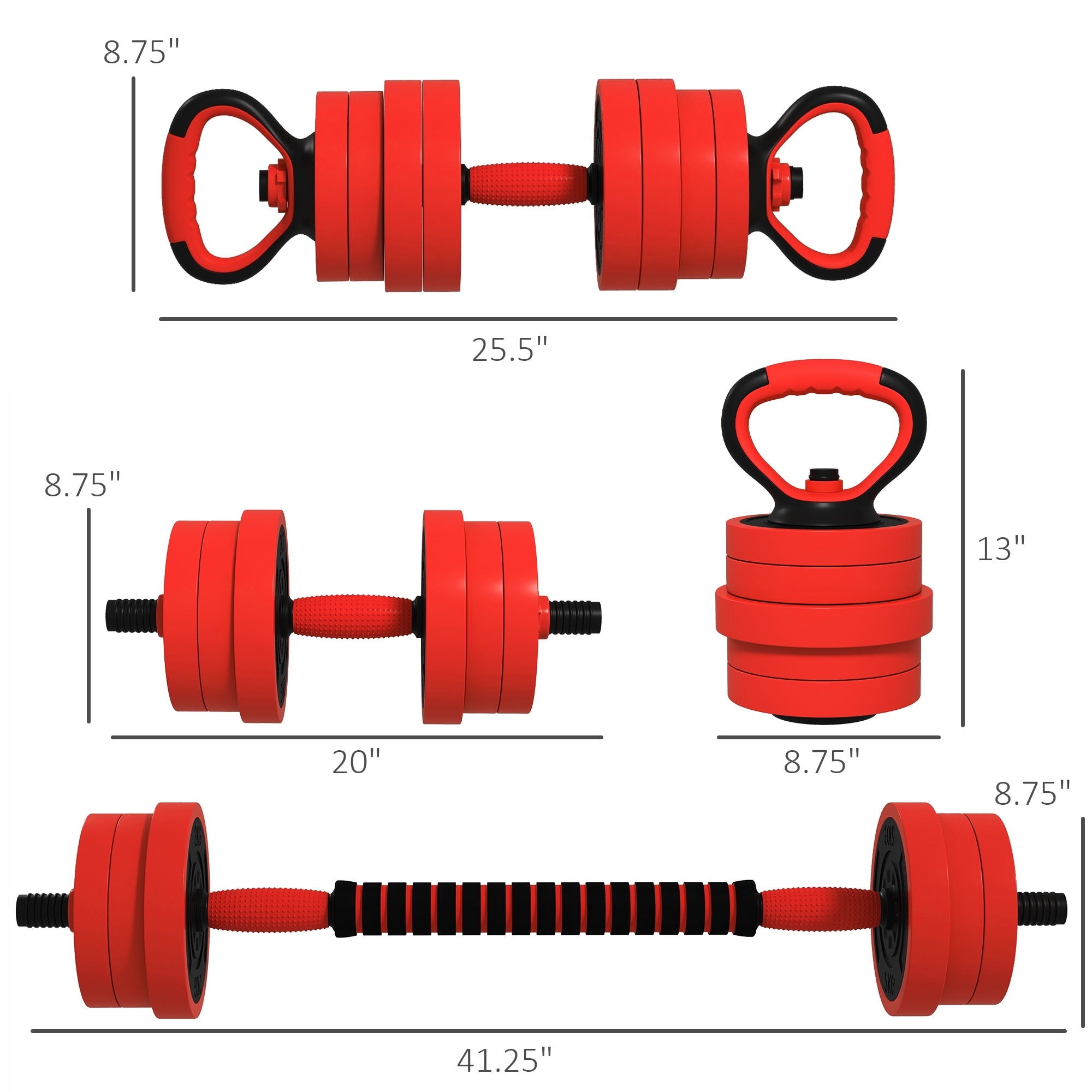 Soozier 4 in 1 Adjustable Weights Dumbbell Sets Used as Barbell Kettlebell Push up Stand Free Weight Set Red