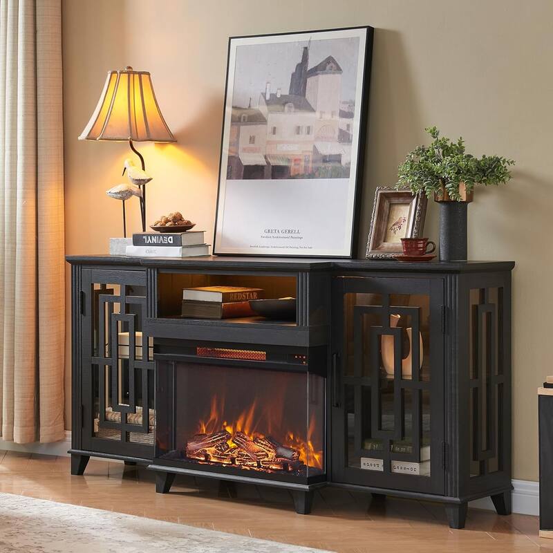 Farmhouse 3-Sided Glass Fireplace TV Stand for 75" TV, Media Console - Black