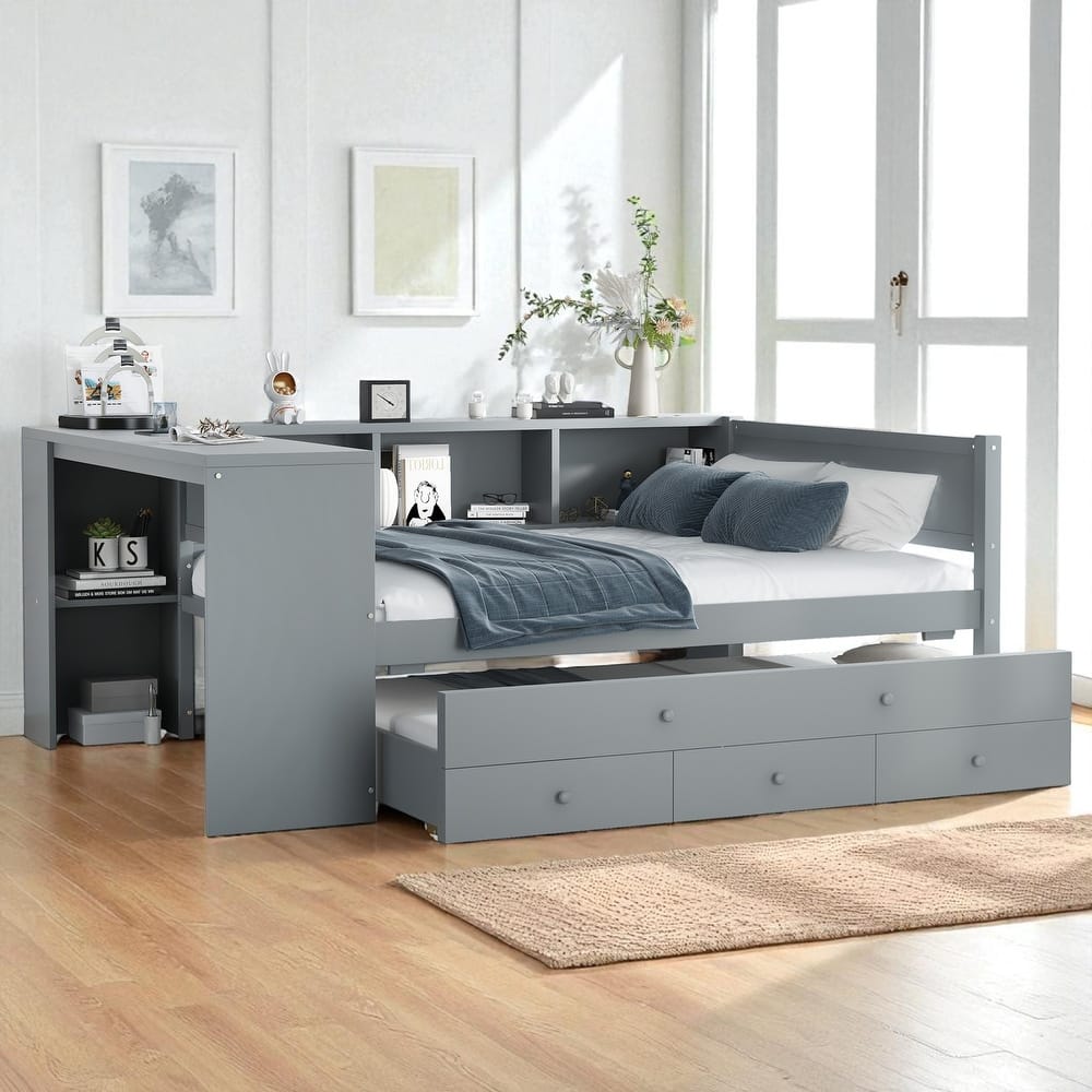 Twin/Full Size Wood Daybed with Trundle, Storage Drawers, Shelves and Built-in Desk, No Box Spring Needed