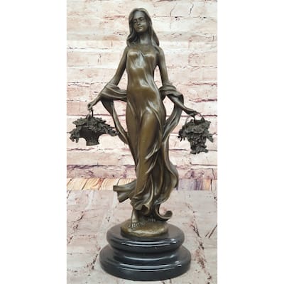 Young Woman Holding Baskets Of Flowers Grapes Bronze Sculpture Statue Decor