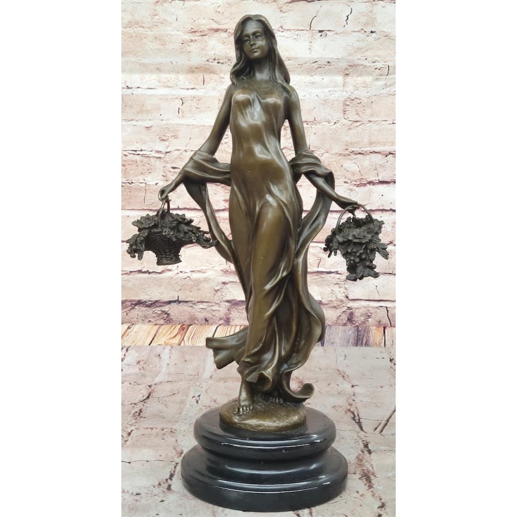 Young Woman Holding Baskets Of Flowers Grapes Bronze Sculpture Statue Decor