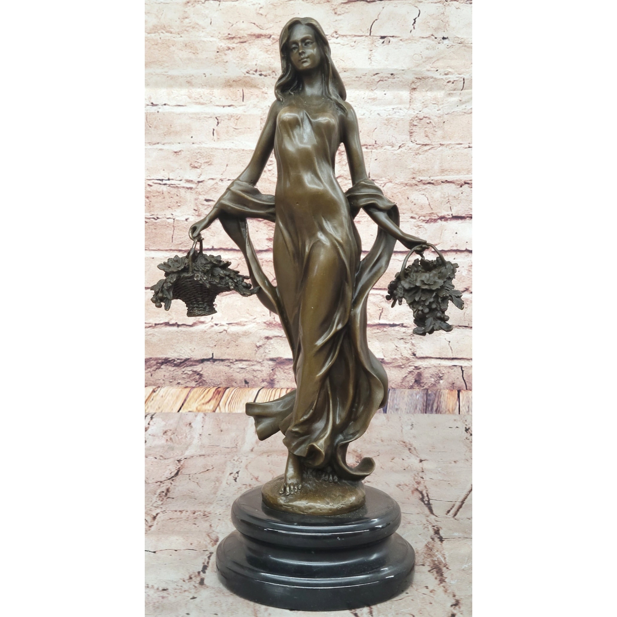 Young Woman Holding Baskets Of Flowers Grapes Bronze Sculpture Statue Decor