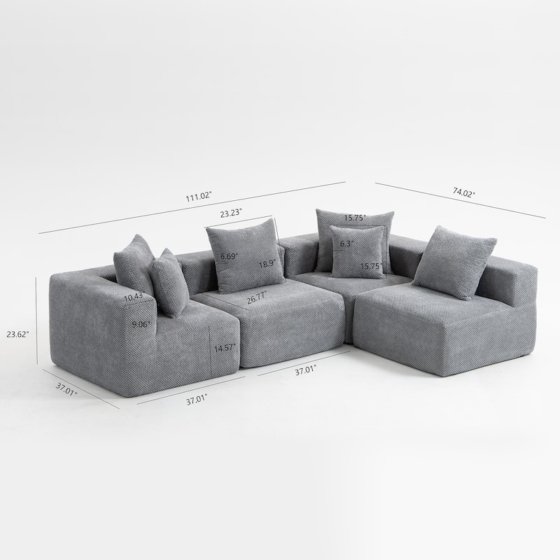 111" Modular Sectional Sofa with All-Foam Construction, Textured Upholstery and 6 Pillows, Low-Profile Couch for Living Room