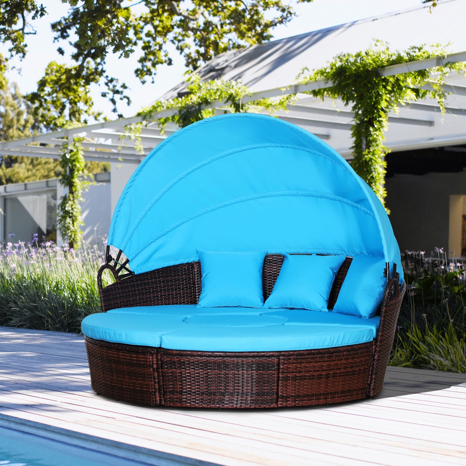 Shop Black Friday Deals On Outsunny 5 Piece Cushioned Outdoor Rattan Wicker Round Sunbed Or Conversational Sofa Set With Sun Canopy Overstock 31014601