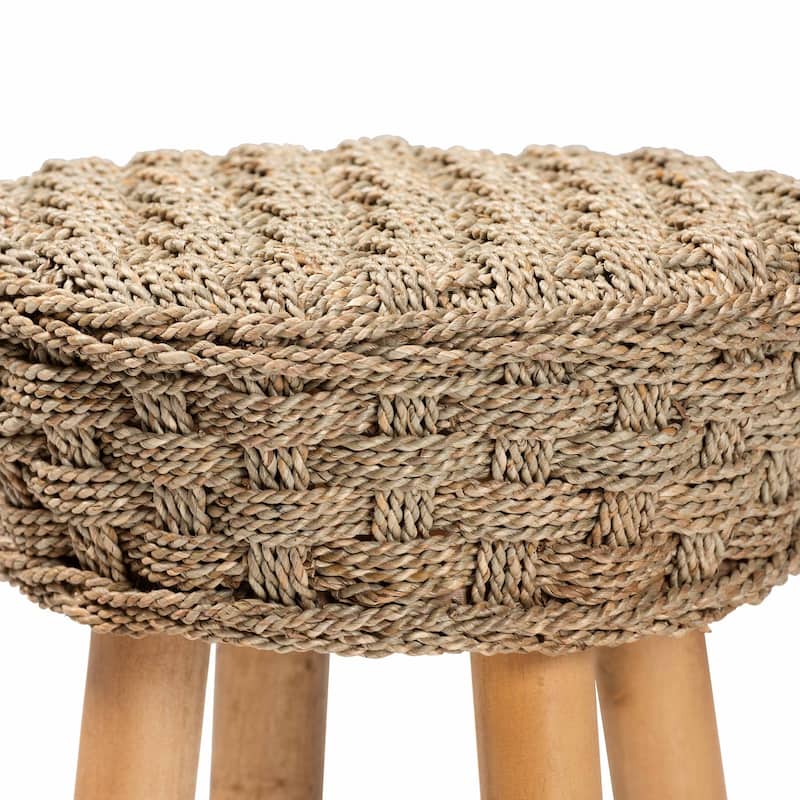 Denver Modern Bohemian Natural Seagrass and Acacia Wood Stool