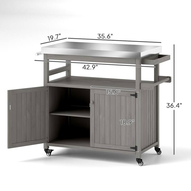 GDFStudio Outdoor Alaric Stainless Steel Grill Cart with Solid Wood Storage and Mobile Design