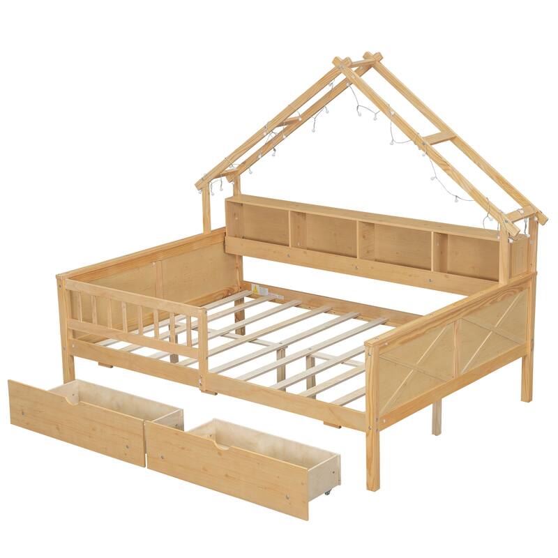 Full Size House Frame Platform Bed with LED Canopy, Storage Drawers & Bookshelf