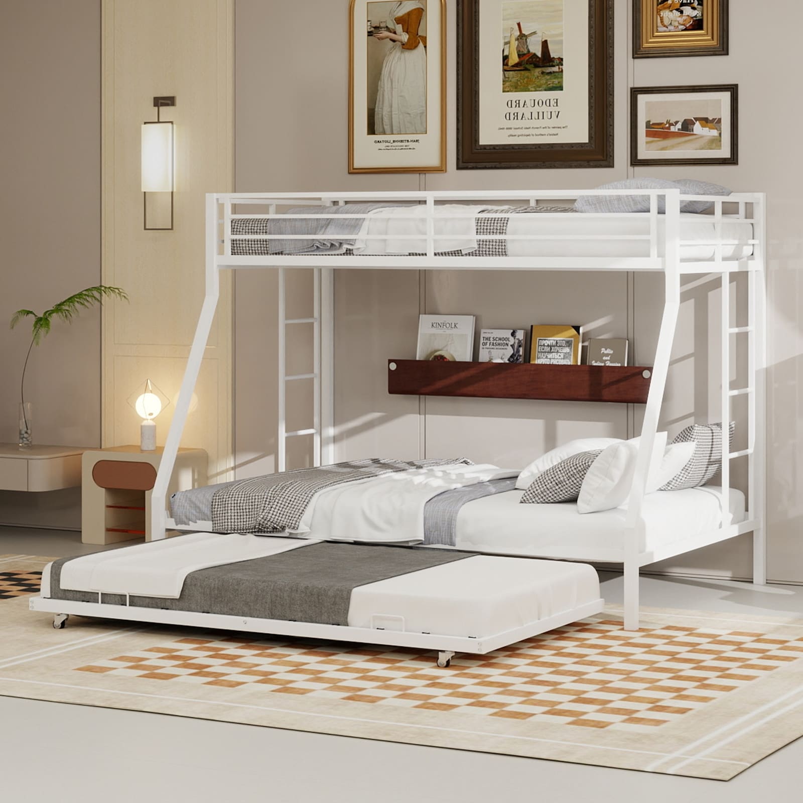 Modern Square Tube Bunk Bed with Ladder and Rolling Trundle Bed