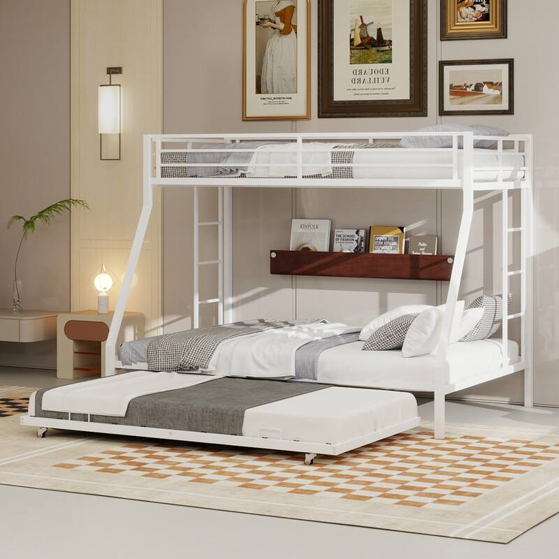 Modern Square Tube Bunk Bed with Ladder and Rolling Trundle Bed - White - Queen