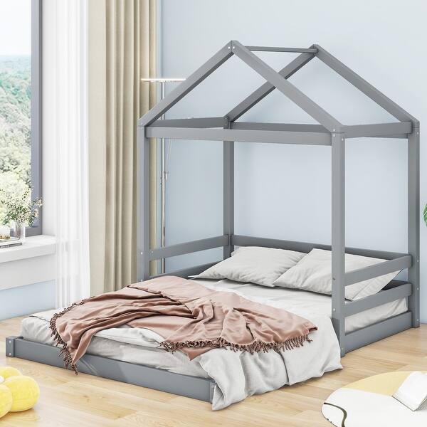 slide 2 of 8, Wooden Full Size House Kids Bed Frame with Guardrail for Fun Sleeping Space, Safety Guaranteed, Easy to Assemble, Grey