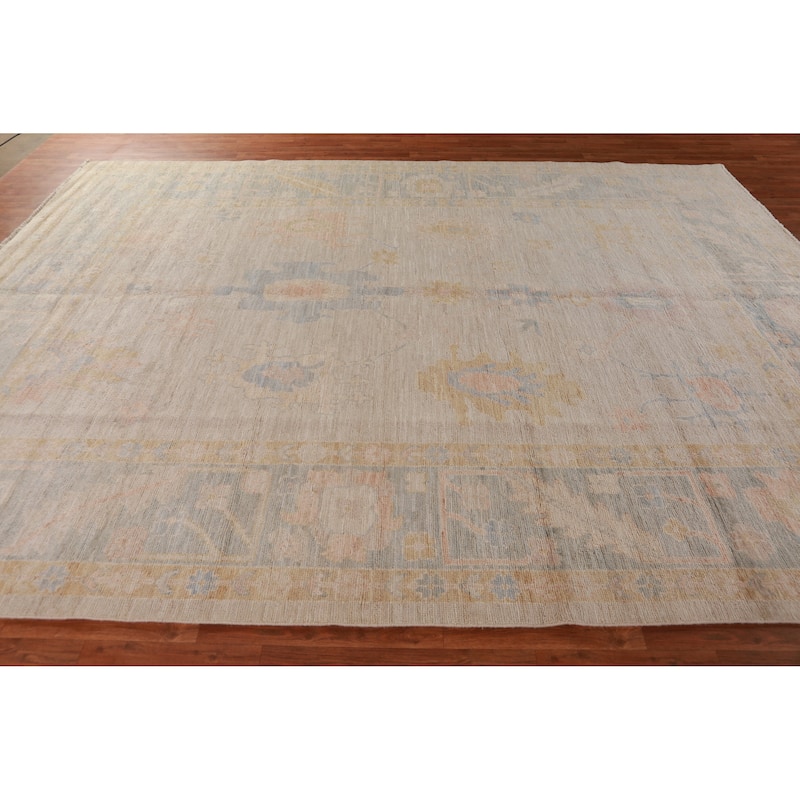 Hand Knotted Oriental 100% Wool Carpet Transitional All-Over Beige & Ivories Oushak Area Rug - 11' 10'' X 9' 0''