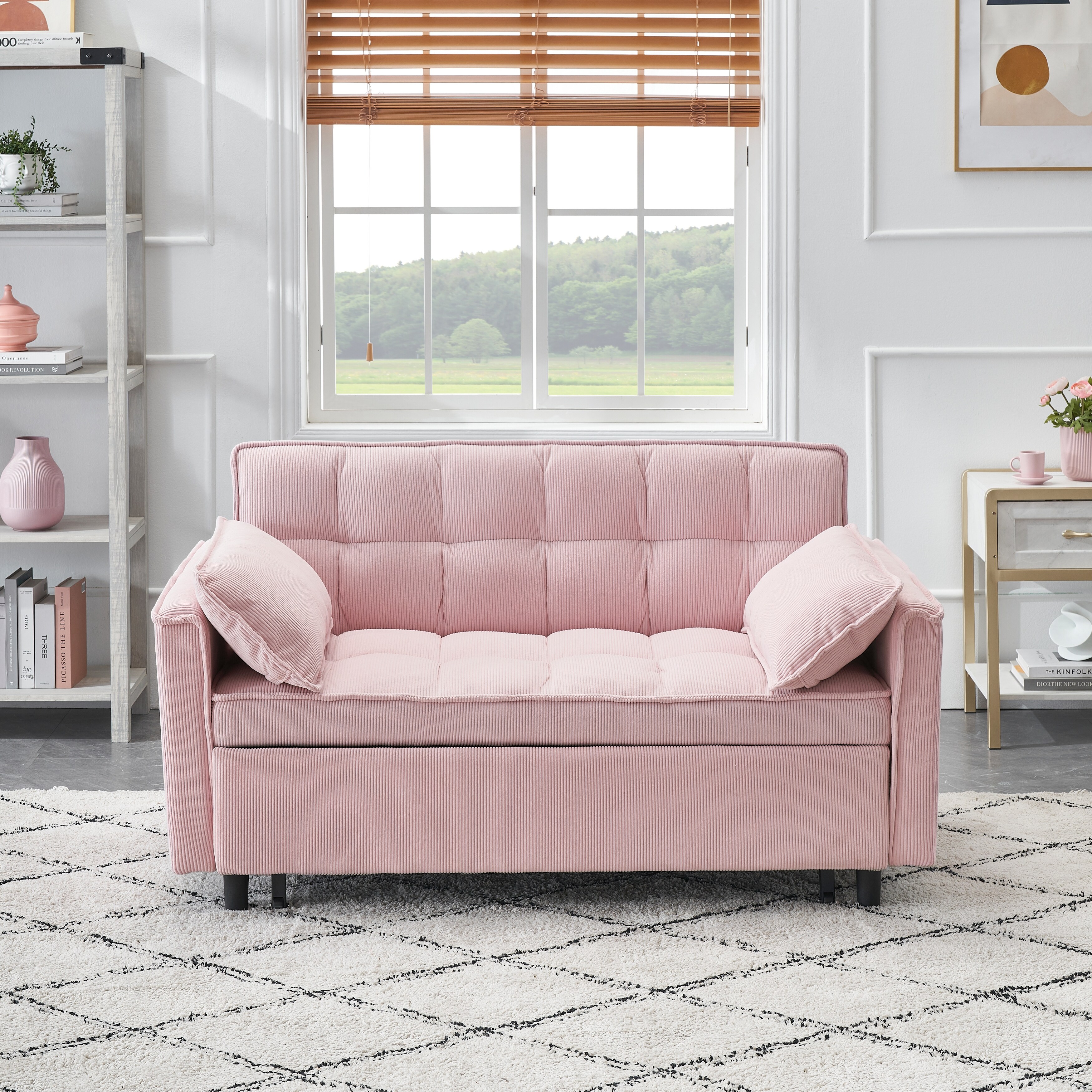 Pink 54.3 Fabric 2 Seater Sofa Bed with Adjustable Backrest 2 Pillows and High Density Sponge Padding Bed Bath Beyond 41127905