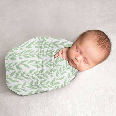 Floral Leaf Boy Girl Baby Swaddle Receiving Blanket Green and White Gender Neutral Boho Farmhouse For Sunflower Collection