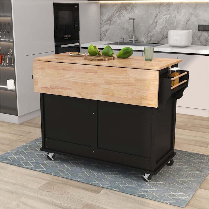 Kitchen Cart with Rubber wood Drop-Leaf Countertop - Black