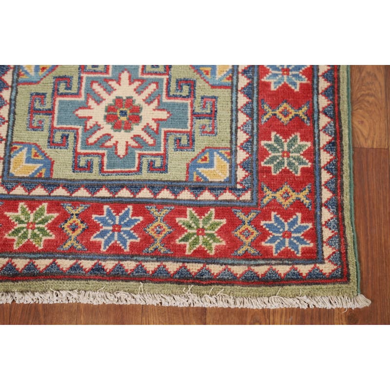Green Red Kazak Oriental Rug Hand-Knotted Wool Carpet - 2'0" x 3'0"