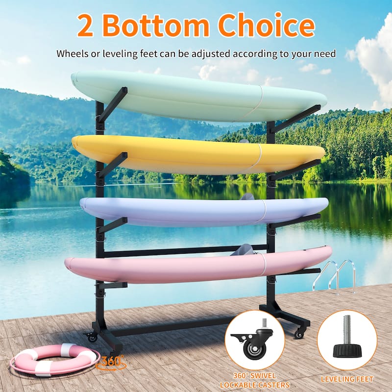80''H Freestanding Kayak Storage Rack - Holds 4 Kayaks, Heavy-Duty Adjustable Stand with Lockable Wheels for Kayak, Canoe