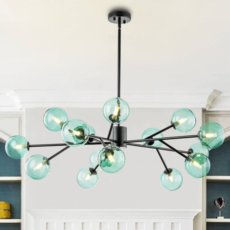 15-Light Modern Glam Linear Sputnik Green Glass Globe Bubble Chandelier for Living Room