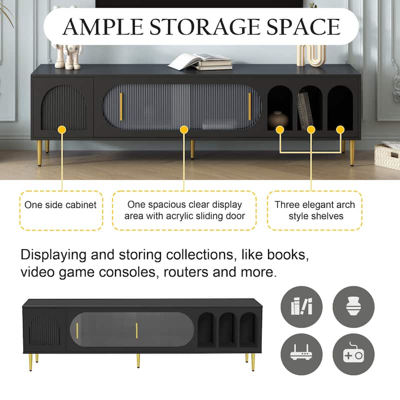 Stylish TV Console for 70" TV, 3 Shelves, 2 Cabinets, Sliding Acrylic Doors, Modern Living Room Furniture
