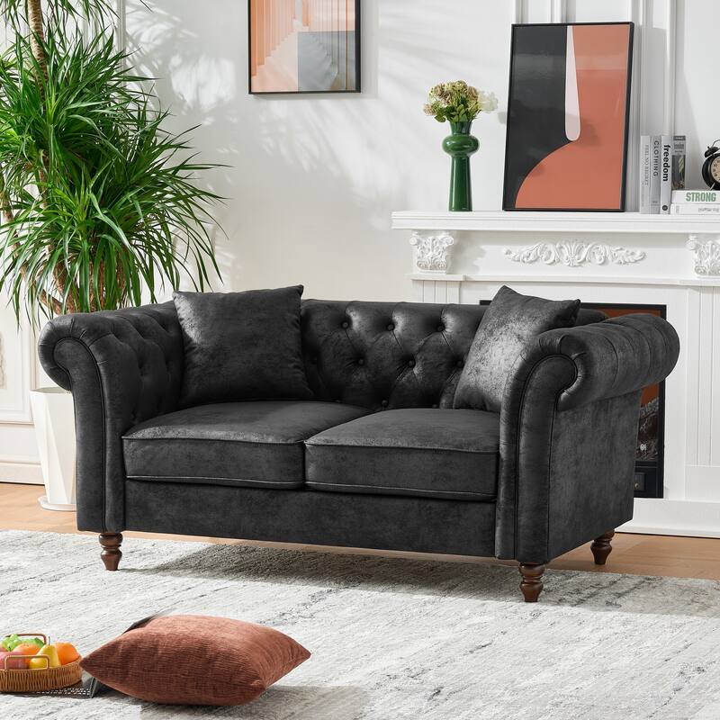 66"Chesterfield ‌Faux Leather Sofa,High-tech Fabric Roll Armrest Sofa,Upholstered Mid Century Modern Couch,2 Seater Couch