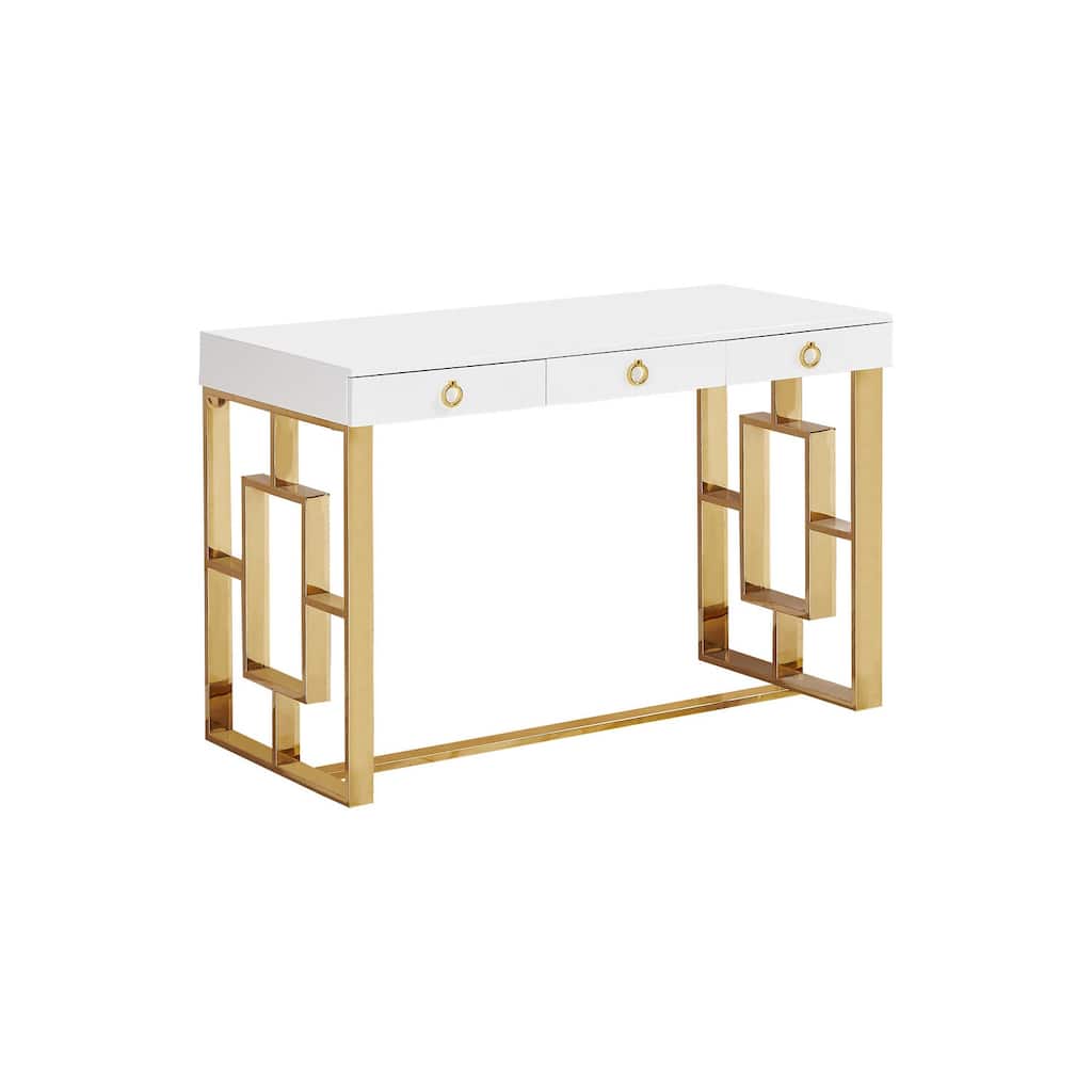 3-Drawer Writing Desk - Gold & White Finish - Modern Poplar Wood Desk with Stainless Steel Legs