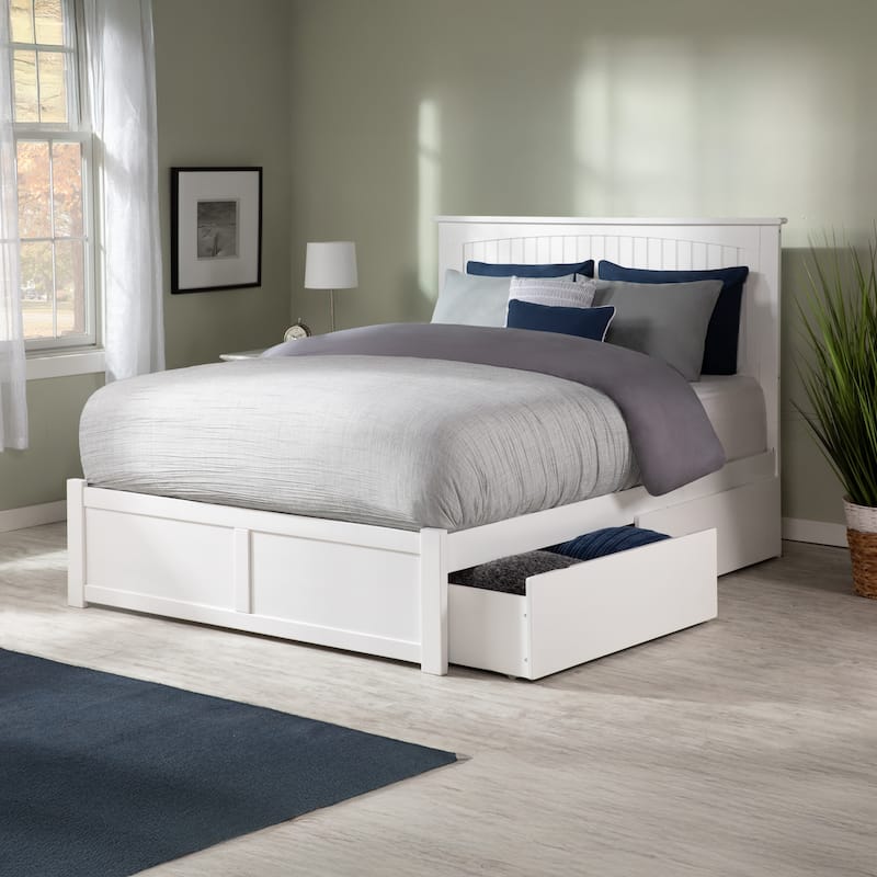 Nantucket Full Solid Wood Platform Bed with Footboard & 2 Storage Drawers in White