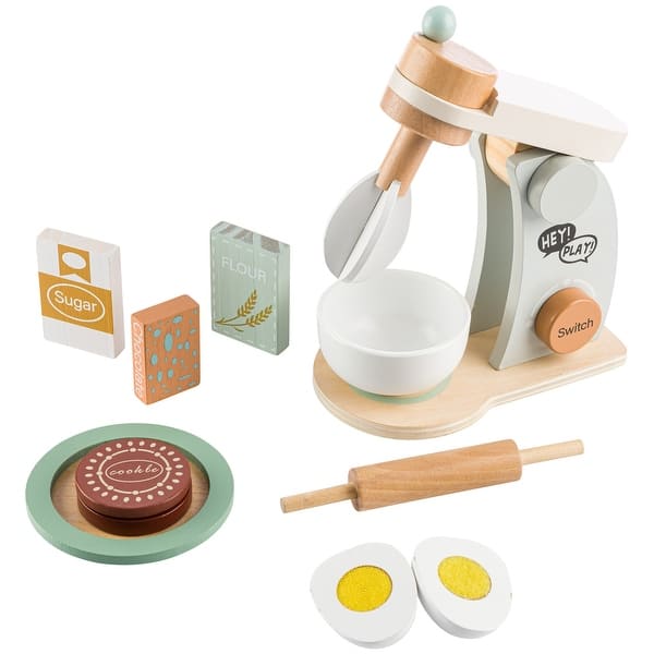 slide 2 of 7, Hey Play Wooden Toy Mixer for Kids Kitchen Playset - 9-Piece Toddler Cooking Set for Ages 3 and Up Kitchens
