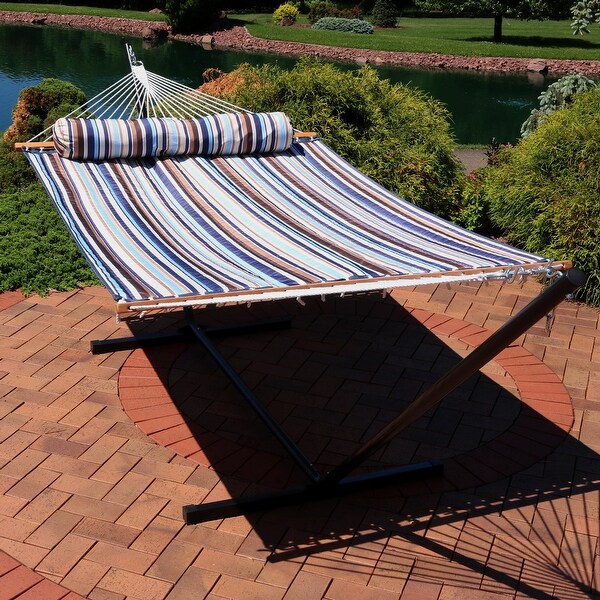 Sunnydaze 2-Person Quilted Spreader Bar Hammock and 12-Foot Stand - Ocean Isle - Hammock & 12-Foot Stand